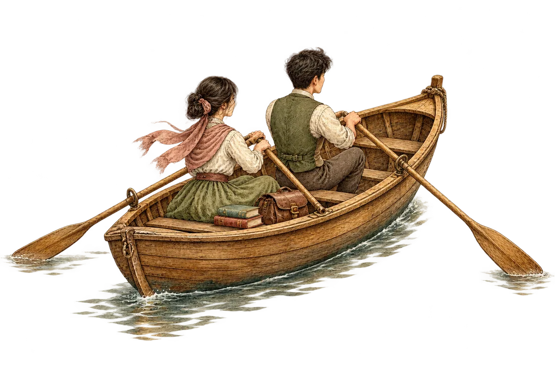 Hai người ngồi cùng một thuyền gỗ, mỗi người giữ một mái chèo, bên cạnh có sách và túi học.